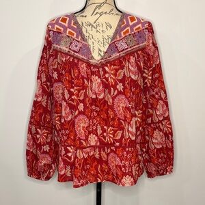Rachel Zoe cotton peasant top floral paisley print embroidered neckline M